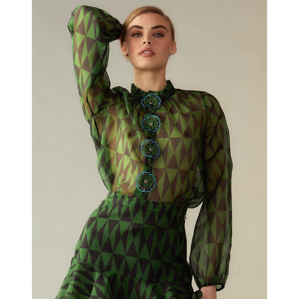 Cynthia Rowley Silk Organza Blouse Evergreen XS NWT Green Geometric Floral Top